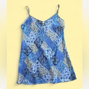 Vintage Blue and Yellow Patchwork Satin Slip Dress